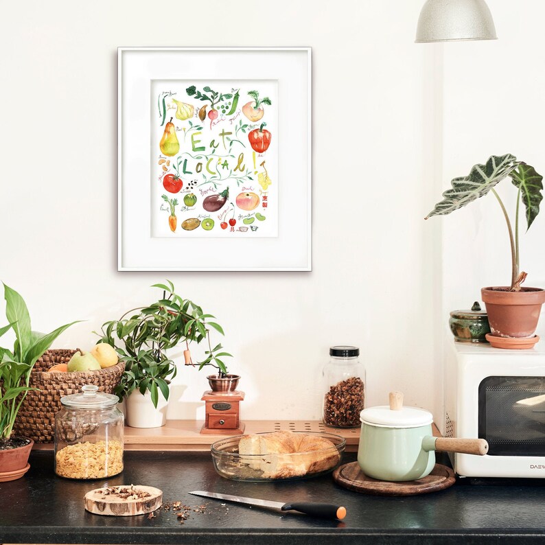 Eat Local kitchen art print, Vegetable Fruit poster, Colorful kitchen print, Green kitchen decor, Kitchen wall art, Watercolor quote poster image 6