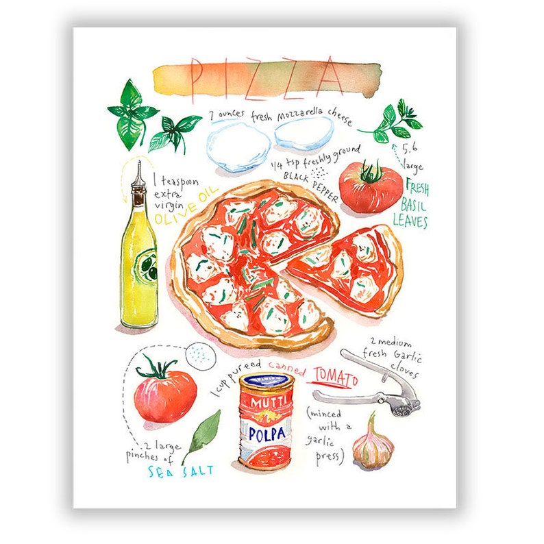 Neapolitan Pizza print, Italy food poster, Recipe artwork, Watercolor painting, Italian kitchen decor, European cuisine, Colorful wall art image 2