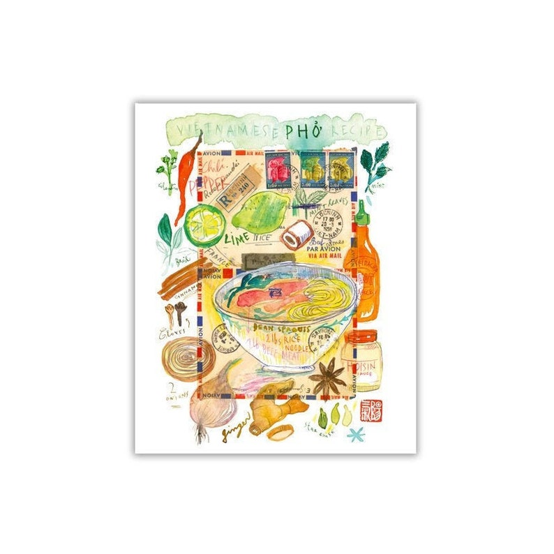 Vietnamesische Pho Rezept Druck, asiatische Küche Wandkunst, Vietnam Geschenk, bunte Küchenkunst, Essen Illustration, Aquarell, Pho-Plakat Vietnamesische Pho Rezept Druck, asiatische Küche Wandkunst, Vietnam Geschenk, bunte Küchenkunst, Essen Illustration, Aquarell, Pho-Plakat