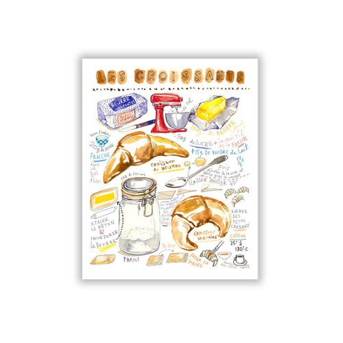 Croissant poster, Watercolor recipe artwork, French food print, Bakery decor, Croissant painting, Travel to France, Paris kitchen wall art