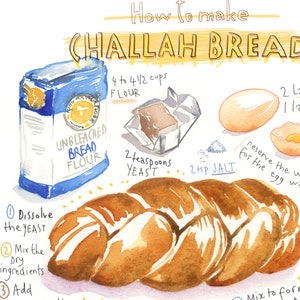 Challah recipe print, Jewish wall art, Watercolor painting, Israeli kitchen decor, Shabbat food poster, Bakery artwork, Bread illustration image 3