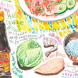 Indonesian Nasi Goreng recipe print, Watercolor painting, Street food art, Asian kitchen decor, Bali national dish poster, Indonesia cooking image 4