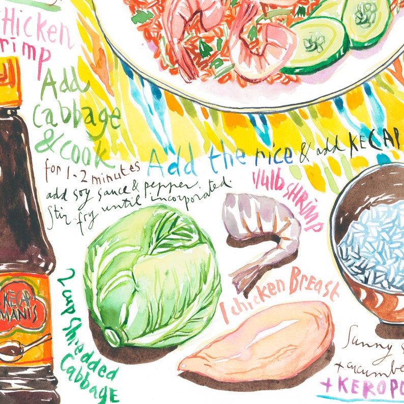 Indonesian Nasi Goreng recipe print, Watercolor painting, Street food art, Asian kitchen decor, Bali national dish poster, Indonesia cooking image 4