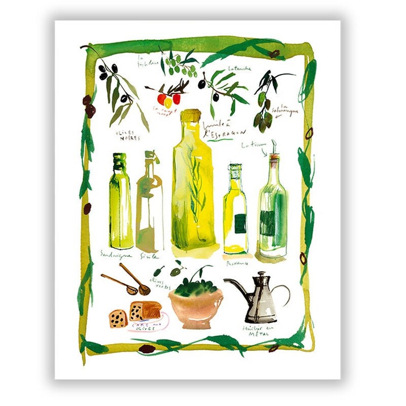 Olive oil watercolor print, Provence France painting, French kitchen poster, Food artwork, Yellow kitchen wall art, European illustration image 1