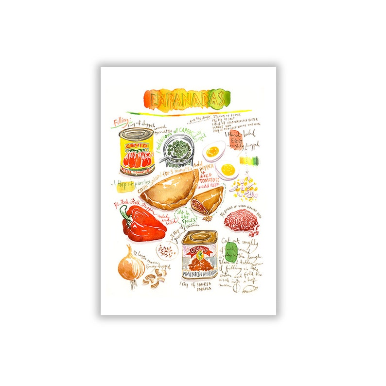 Empanadas recipe poster, Latin America wall art, South American cuisine print, Watercolor painting, Spanish kitchen decor, Colorful food art image 7