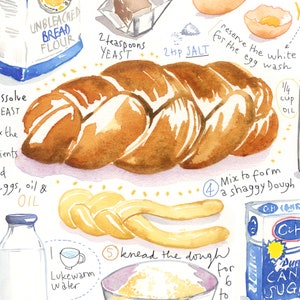 Challah recipe print, Jewish wall art, Watercolor painting, Israeli kitchen decor, Shabbat food poster, Bakery artwork, Bread illustration image 2