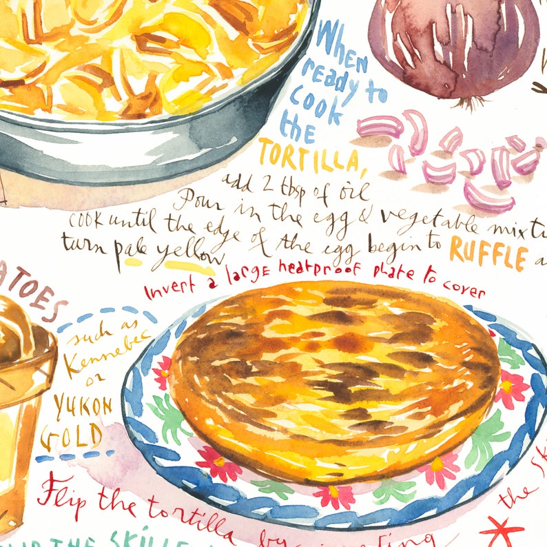 Tortilla Espanola recipe print Watercolor painting Yellow Etsy