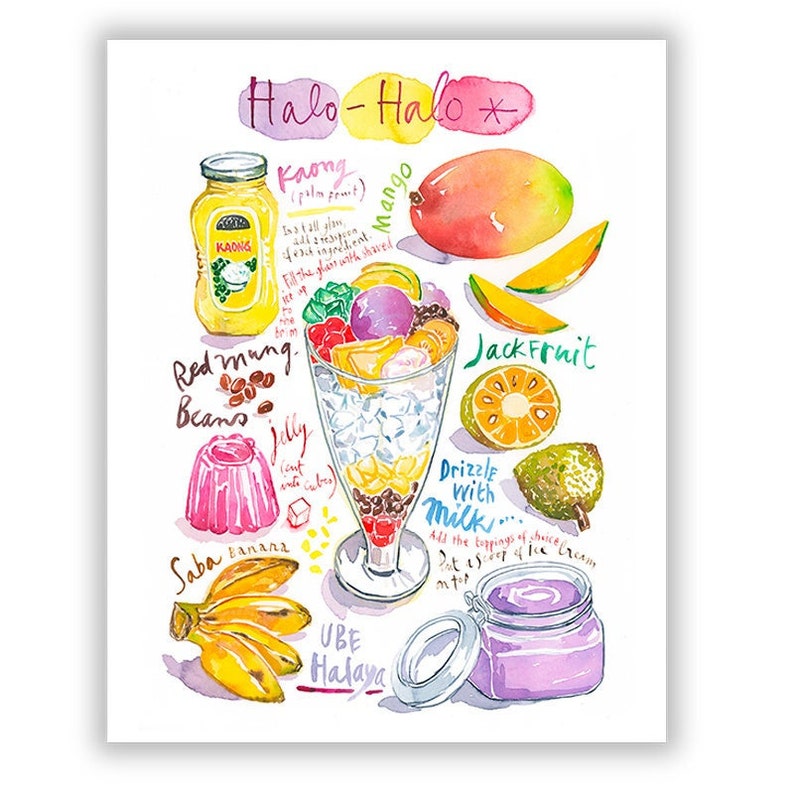 Filipino Halo-Halo recipe print, Colorful kitchen art, Watercolor painting, Asian restaurant decor, Dessert artwork, Indonesia food poster image 1