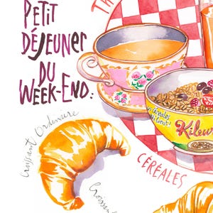 French Breakfast Print: France Kitchen Wall Art, Watercolor Croissant Latte Baguette Paris Home Decor image 3