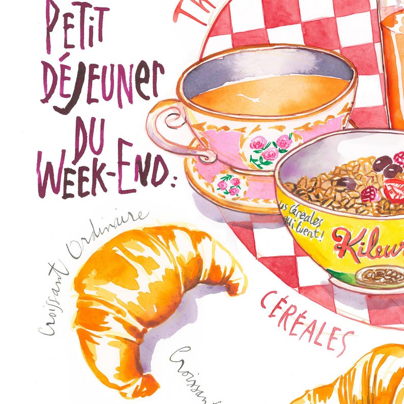 French Breakfast Print: France Kitchen Wall Art, Watercolor Croissant Latte Baguette Paris Home Decor image 3