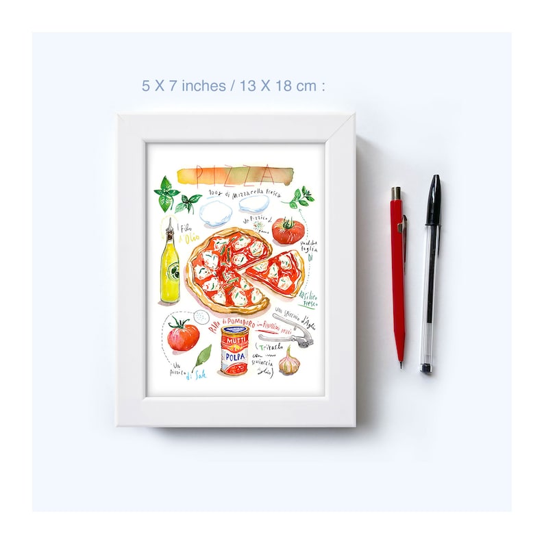 Neapolitan Pizza print, Italy food poster, Recipe artwork, Watercolor painting, Italian kitchen decor, European cuisine, Colorful wall art image 7