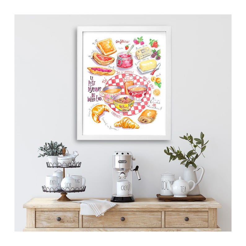 French Breakfast Print: France Kitchen Wall Art, Watercolor Croissant Latte Baguette Paris Home Decor image 5
