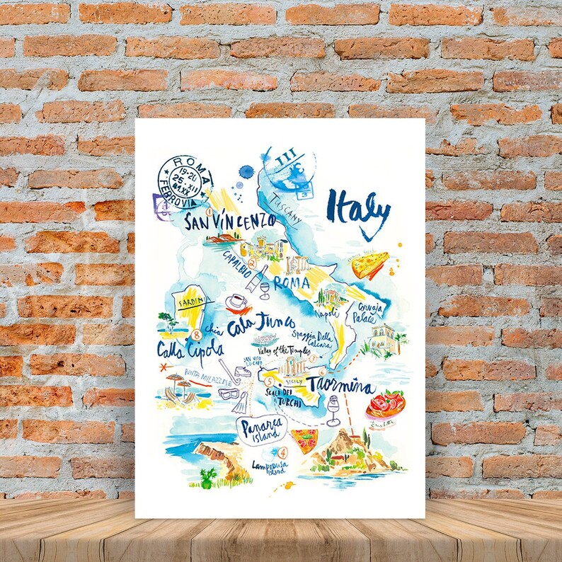 Italy watercolor map poster, Italian landscapes painting, Italian writing, Country map print, Map wall art, European home decor, Travel art afbeelding 1