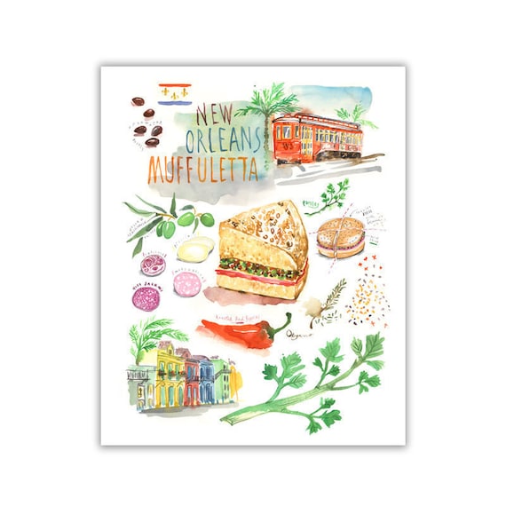 new orleans muffuletta illustrated recipe art print kitchen | etsy