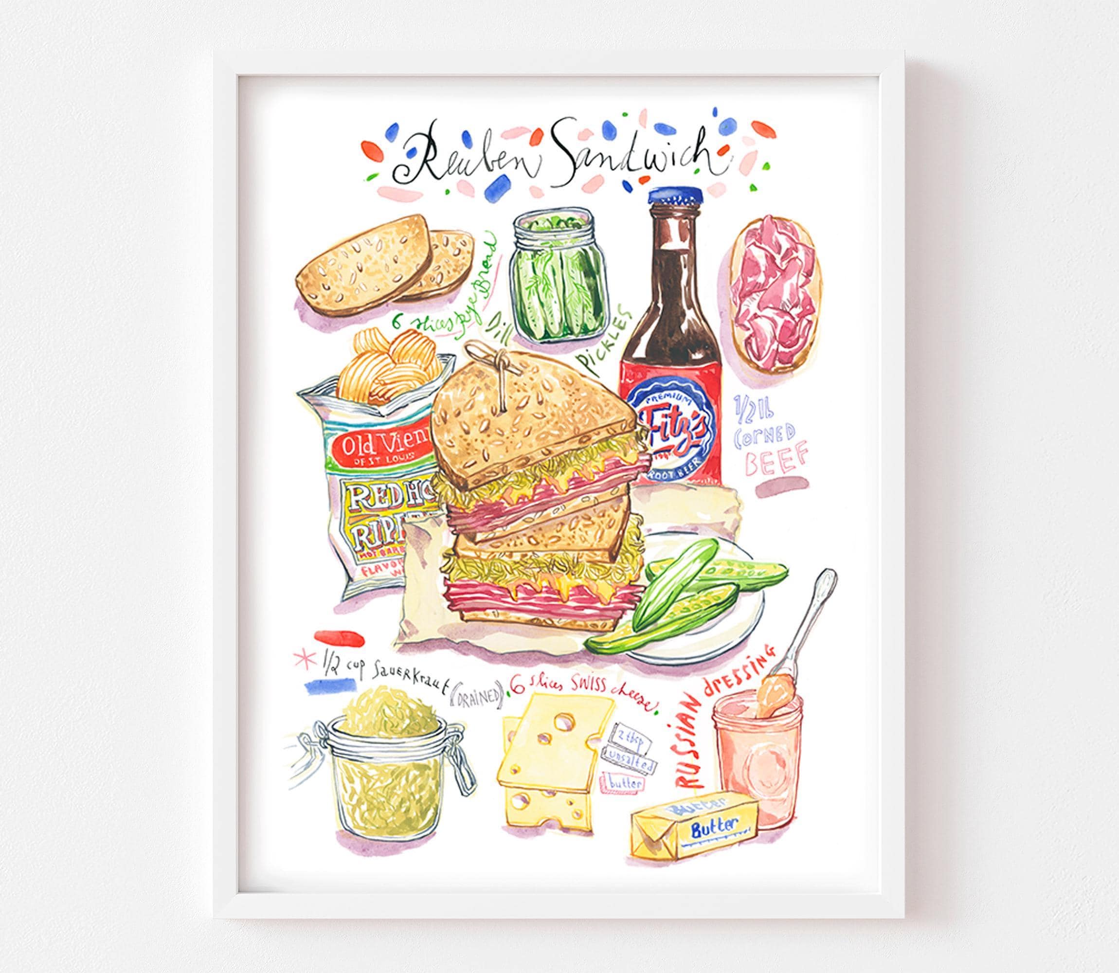 Reuben Sandwich recipe fine art print, Watercolor painting, Deli restaurant decor, Kitchen wall art, Comfort food, Jewish cuisine artwork