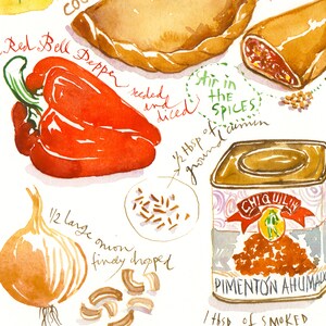 Empanadas recipe poster, Latin America wall art, South American cuisine print, Watercolor painting, Spanish kitchen decor, Colorful food art image 3