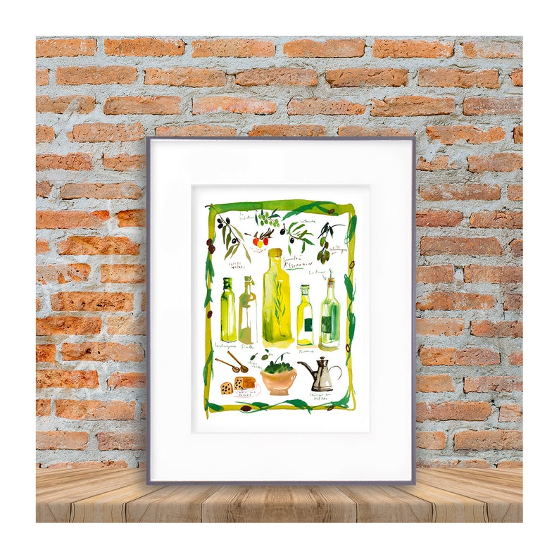 Olive oil watercolor print, Provence France painting, French kitchen poster, Food artwork, Yellow kitchen wall art, European illustration image 7