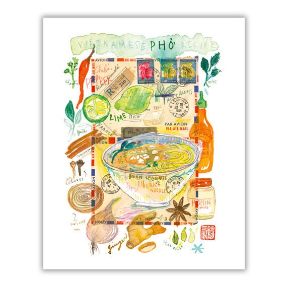 Vegan pho print Watercolor painting Vegan print Vegetarian Etsy