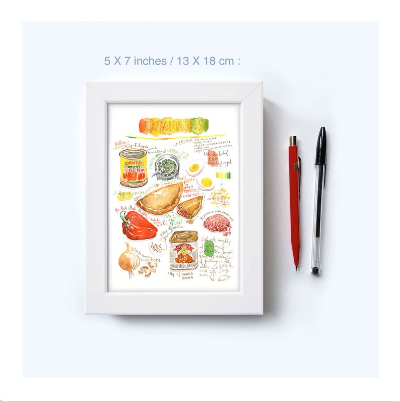 Empanadas recipe poster, Latin America wall art, South American cuisine print, Watercolor painting, Spanish kitchen decor, Colorful food art image 6