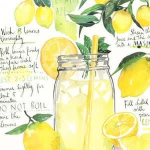 Lemonade recipe print, Yellow and green kitchen decor, Bright wall art, Lemon Watercolor painting, Drink artwork, Homemade summer soft drink image 4