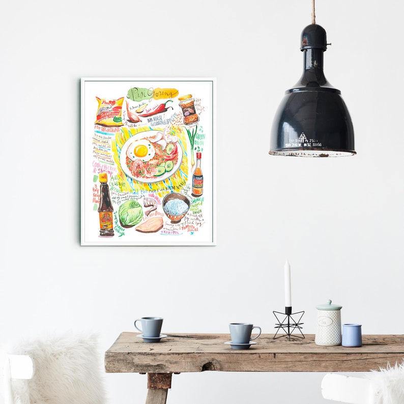 Indonesian Nasi Goreng recipe print, Watercolor painting, Street food art, Asian kitchen decor, Bali national dish poster, Indonesia cooking image 5