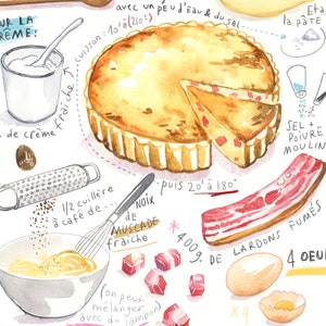 French cuisine poster, Quiche Lorraine recipe print, Watercolor painting, Food artwork, European kitchen wall art, France restaurant decor image 2