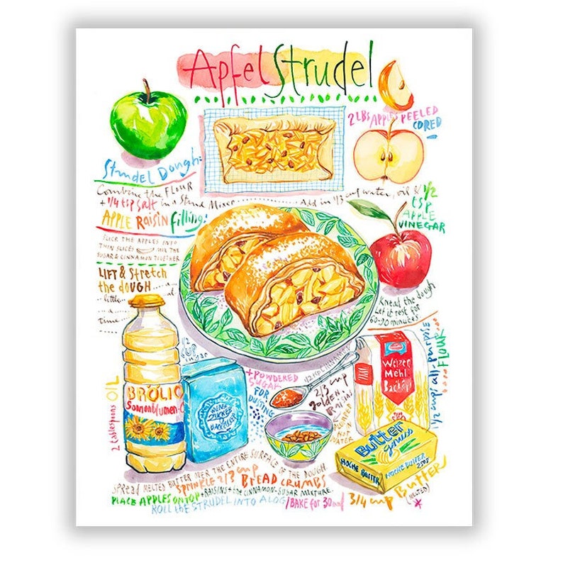 German Apple Strudel recipe illustration print, Watercolor painting, Austrian cuisine poster, Colorful pastry art, European kitchen decor image 1