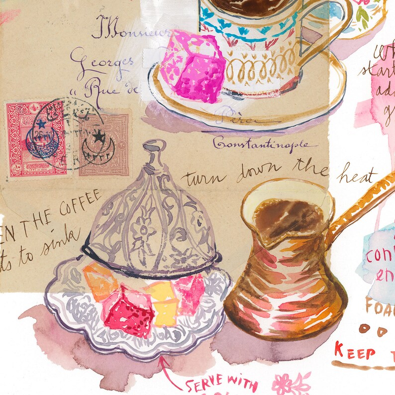 Turkish coffee recipe art print, Watercolor painting, Pink kitchen decor, Turkish wall art, Food illustration, Illustrated recipe poster image 2