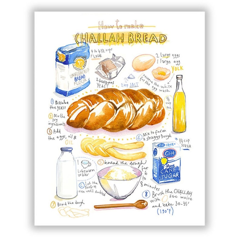 Challah recipe print, Jewish wall art, Watercolor painting, Israeli kitchen decor, Shabbat food poster, Bakery artwork, Bread illustration image 4