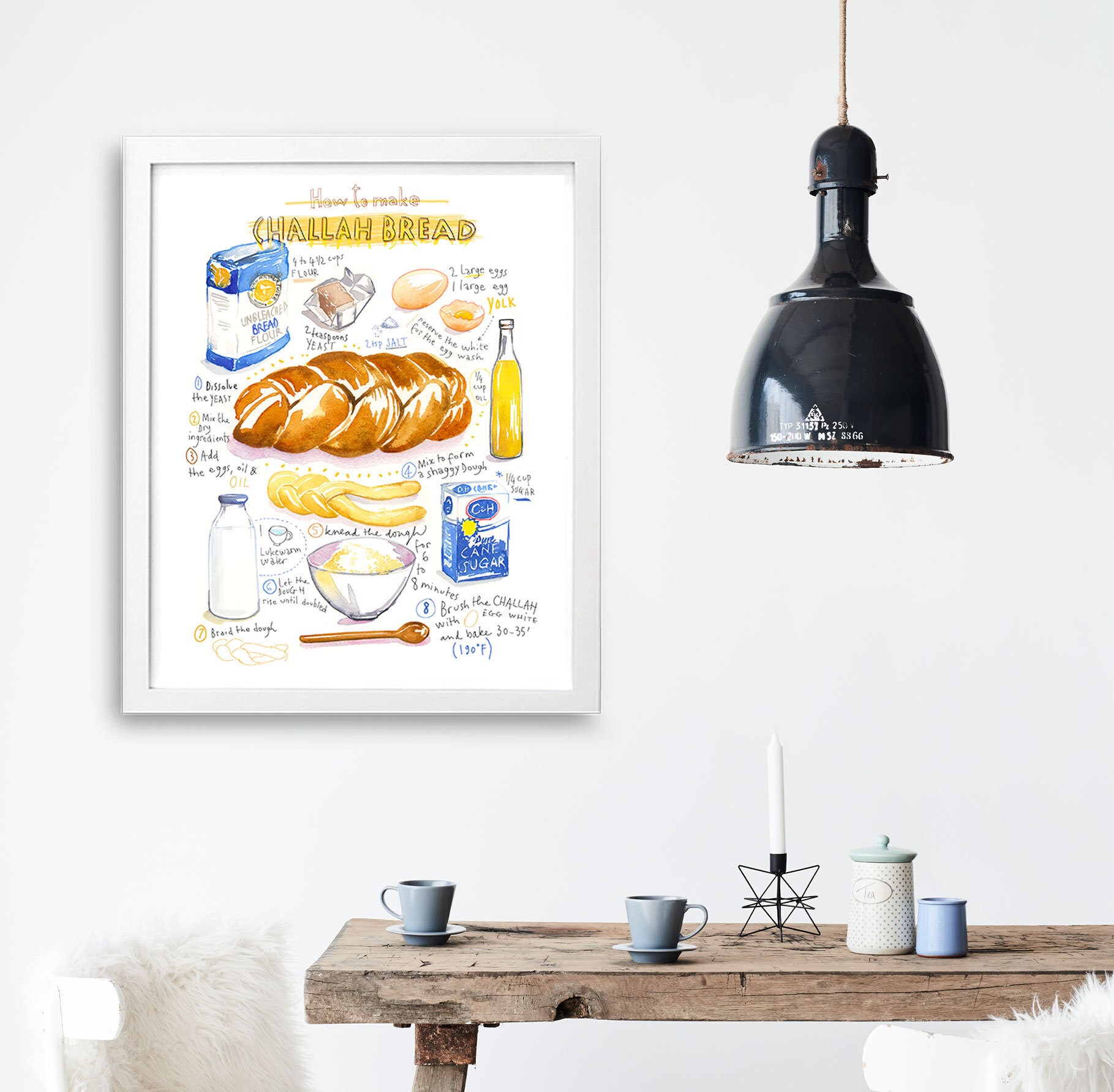 Challah Bread Illustrated Recipe Print Food Art Print Etsy