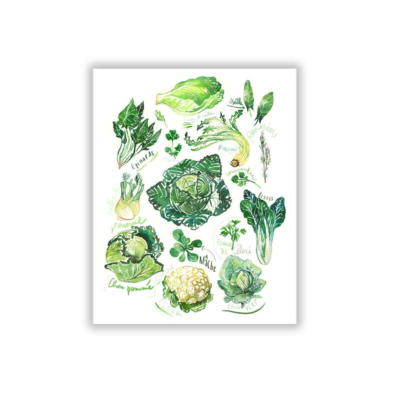 Green wall decor Watercolor painting Vegetable print Vegan Etsy