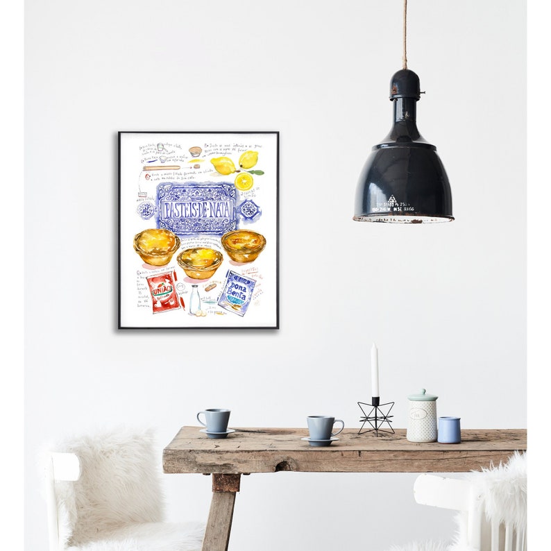 Pasteis de Nata recipe poster, Signed fine art print, Portugal food artwork, Watercolor Portuguese pastry, Blue kitchen wall art, Home decor image 1