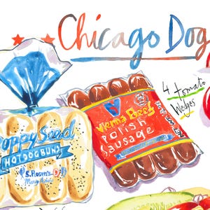 Chicago Dog Recipe Watercolor Art Print: Illinois Food Poster, Colorful