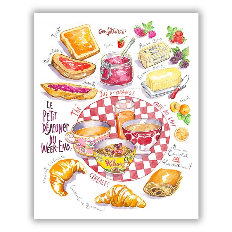French Breakfast Print: France Kitchen Wall Art, Watercolor Croissant Latte Baguette Paris Home Decor image 7