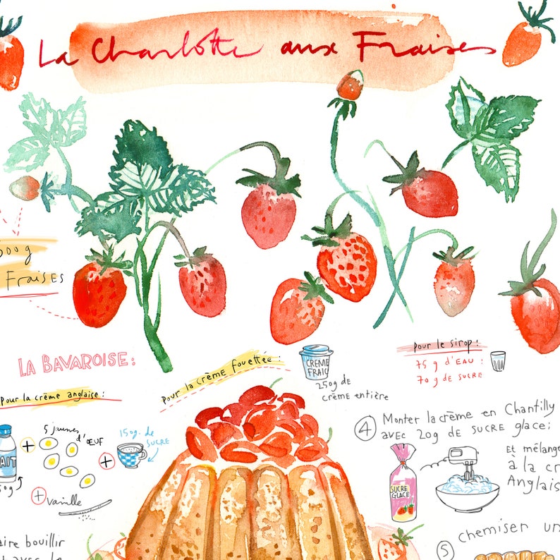 Strawberry shortcake recipe print, French Kitchen decor, Food art, Red home decor, Watercolor recipe art print, Cake painting, Bakery print image 3