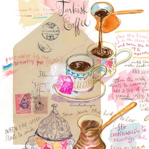 Turkish coffee recipe art print, Watercolor painting, Pink kitchen decor, Turkish wall art, Food illustration, Illustrated recipe poster image 3