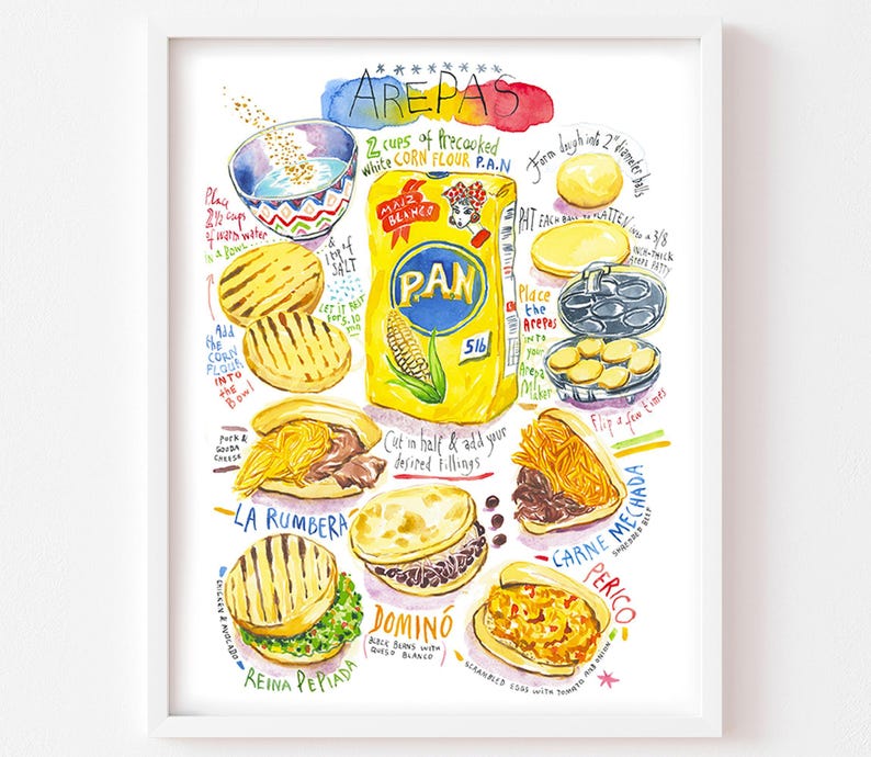 Arepas Recipe Fine Art Print: Venezuelan Kitchen Decor, Watercolor South American Food Poster image 1