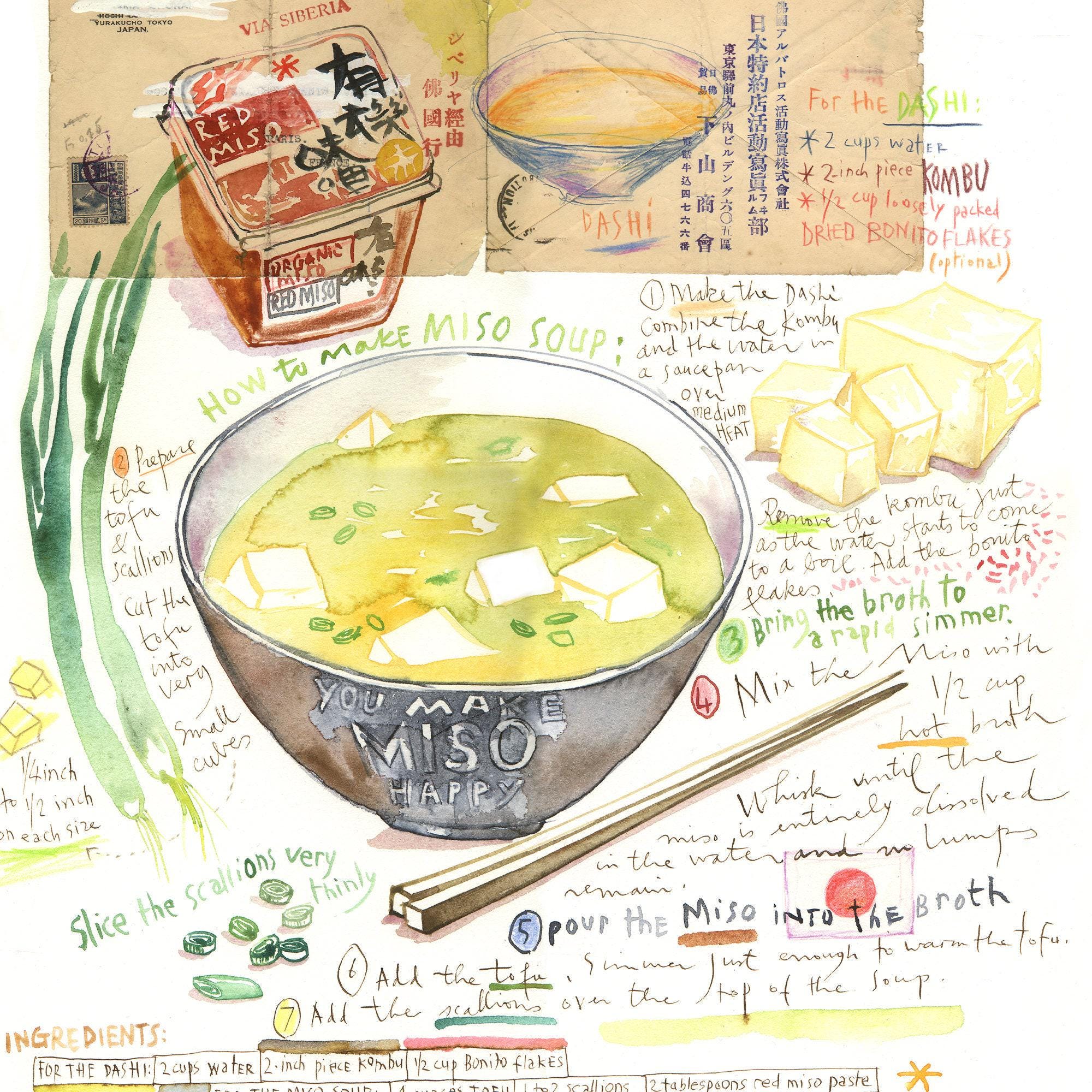 Japanese Miso Soup Recipe Fine Art Print, Watercolor