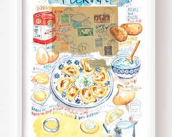 May include: A watercolor recipe print titled Pierogi featuring illustrations of ingredients like flour, eggs, potatoes, and cheese. The artwork includes handwritten instructions, a plate of cooked pierogi, and vintage postage stamps on a brown background.