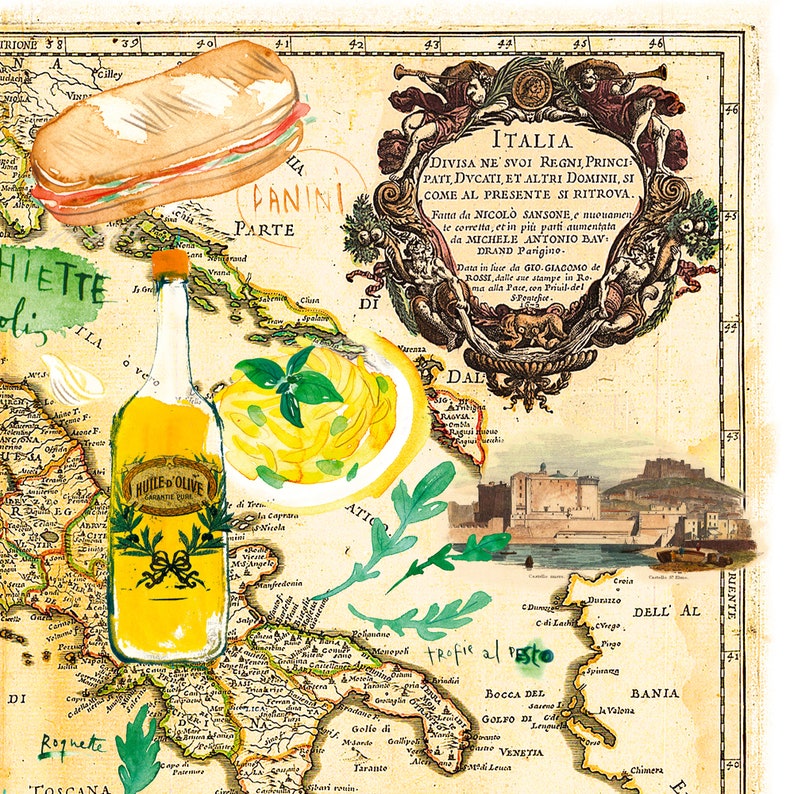 Italy food map poster, Watercolor illustrated map print, Italian kitchen wall art, European cuisine painting, Dining room decor, Italy gift image 4