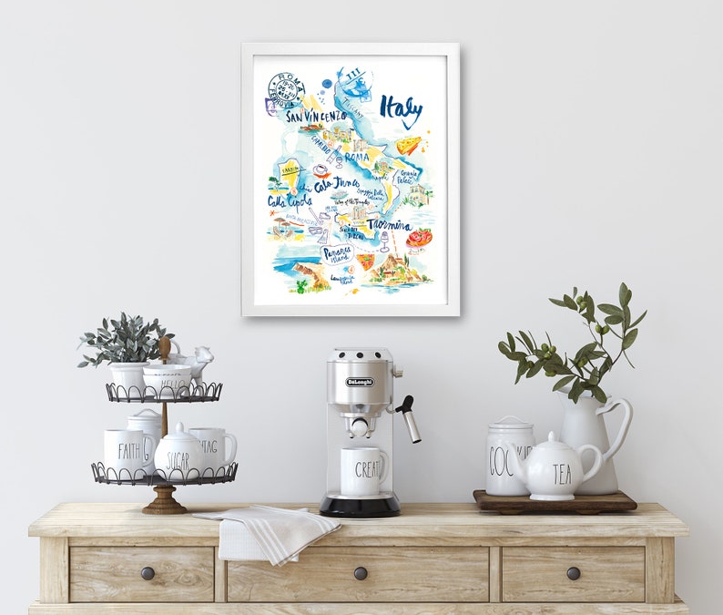 Italy watercolor map poster, Italian landscapes painting, Italian writing, Country map print, Map wall art, European home decor, Travel art afbeelding 5