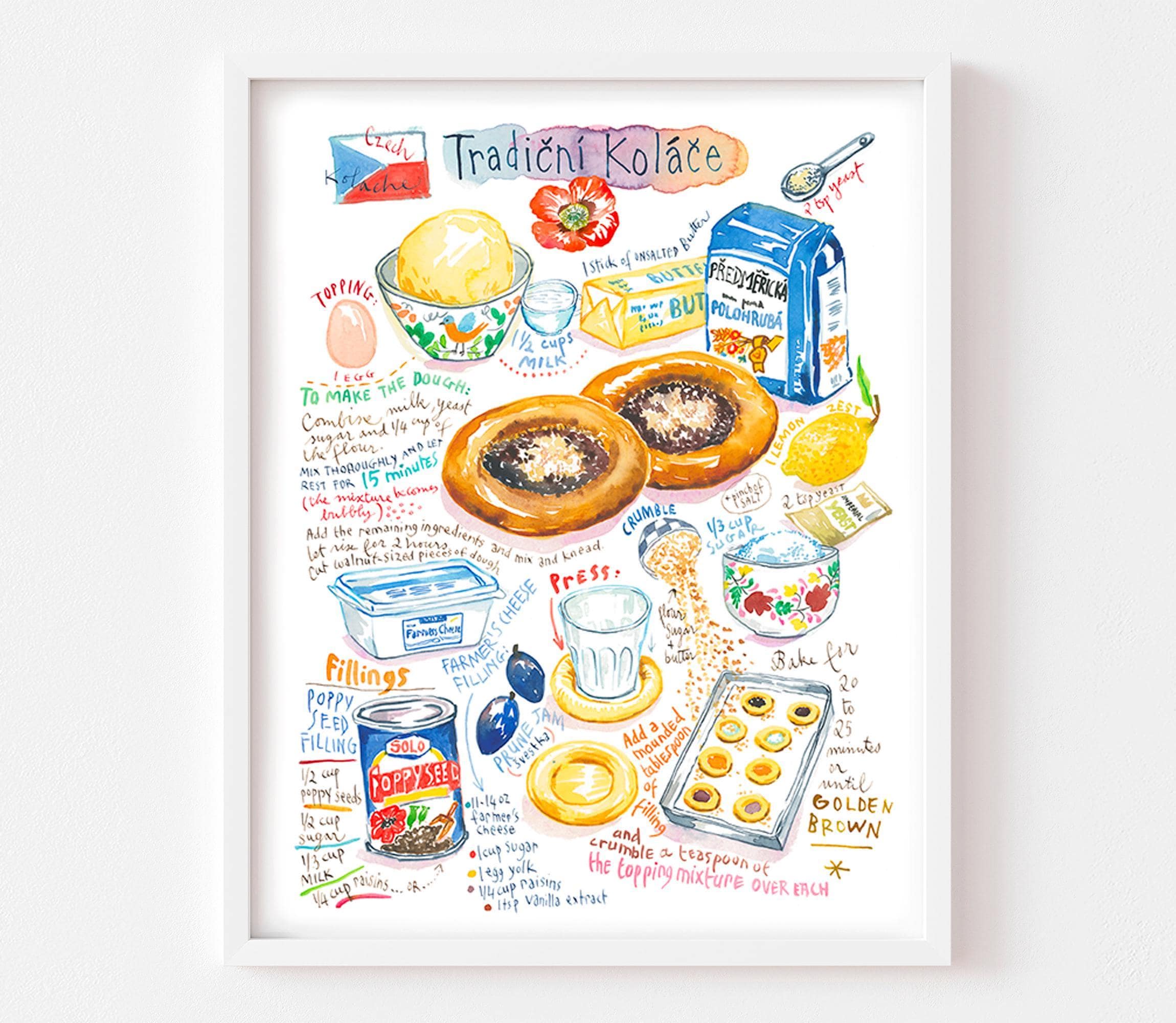 Czech bakery recipe fine art print, Kolache watercolor painting, Prague kitchen decor, Colorful food wall art, Czech Republic cookie artwork