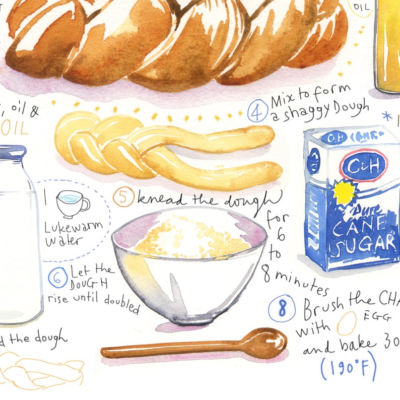 Challah recipe print, Jewish wall art, Watercolor painting, Israeli kitchen decor, Shabbat food poster, Bakery artwork, Bread illustration image 5