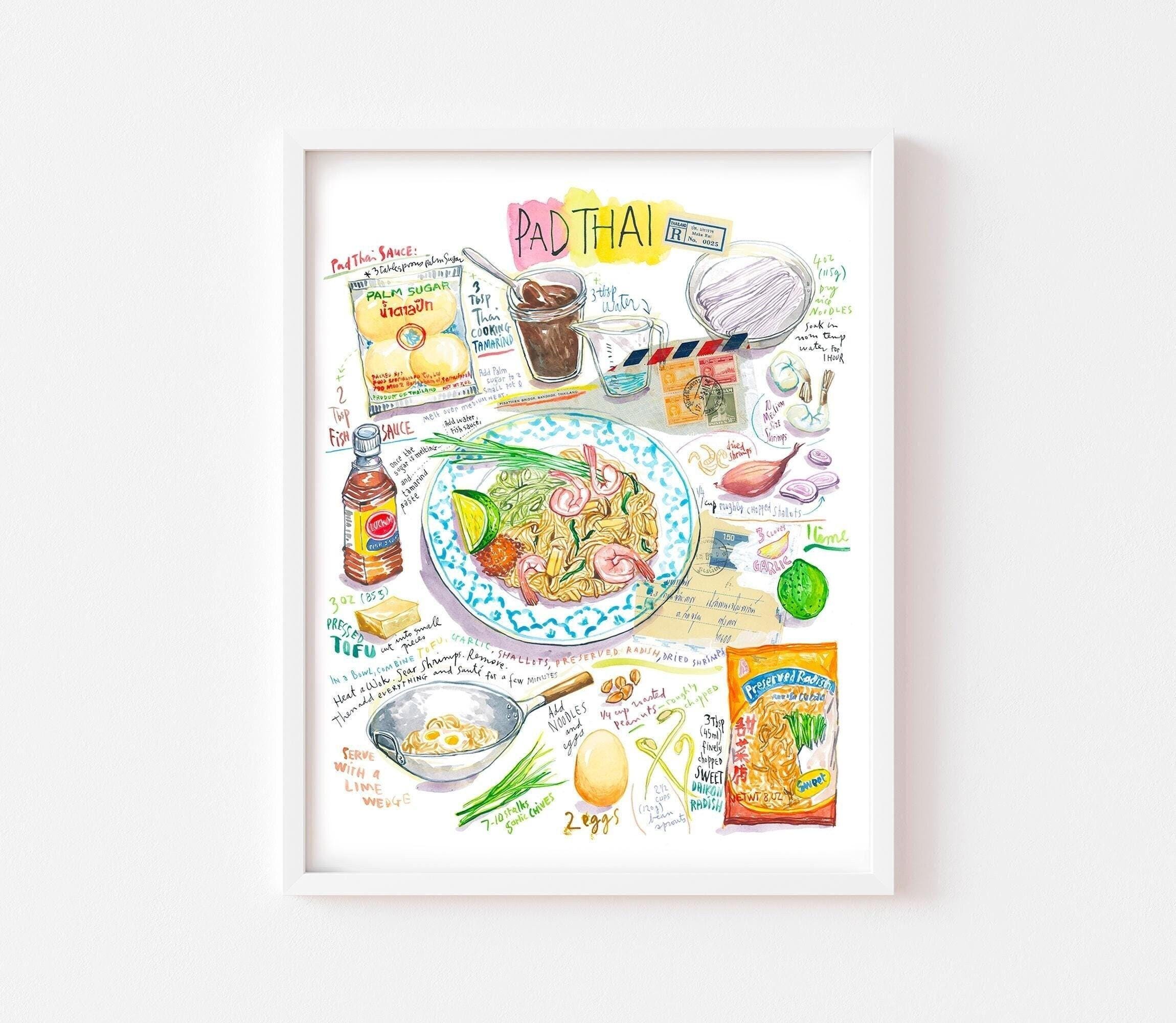 Pad Thai recipe fine art print, Watercolor painting, Asian kitchen decor, Thailand cooking, Noodle dish artwork, Food and travel lover gift