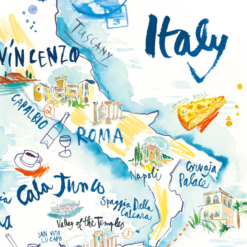 Italy watercolor map poster, Italian landscapes painting, Italian writing, Country map print, Map wall art, European home decor, Travel art afbeelding 3