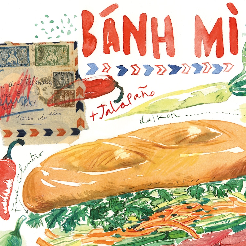 Vietnamese Banh Mi recipe print, Watercolor painting, Asian restaurant decor, Vietnam cuisine poster, Vietnamese kitchen print, Food art image 2