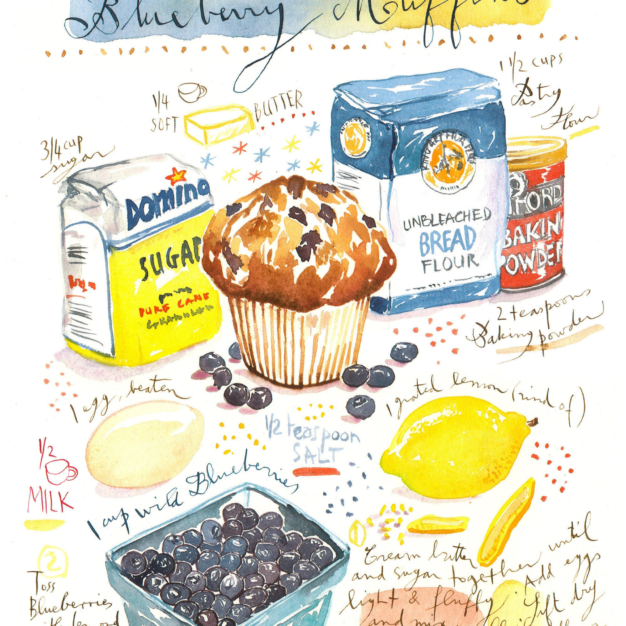 Recipe Foodie Kitchen Wall Gift, Decor, Painting, Food Bakery Yummy Hanging Muffin Etsy Signed Poster, Art Watercolor Art, - Wall Blueberry Print,