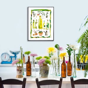 Olive oil watercolor print, Provence France painting, French kitchen poster, Food artwork, Yellow kitchen wall art, European illustration image 4