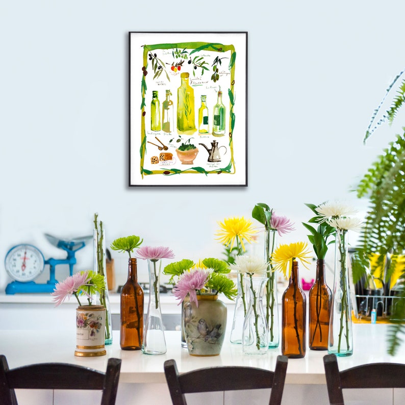 Olive oil watercolor print, Provence France painting, French kitchen poster, Food artwork, Yellow kitchen wall art, European illustration image 4