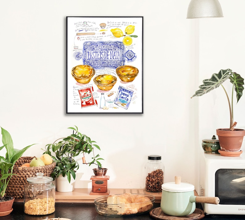 Pasteis de Nata recipe poster, Signed fine art print, Portugal food artwork, Watercolor Portuguese pastry, Blue kitchen wall art, Home decor image 6